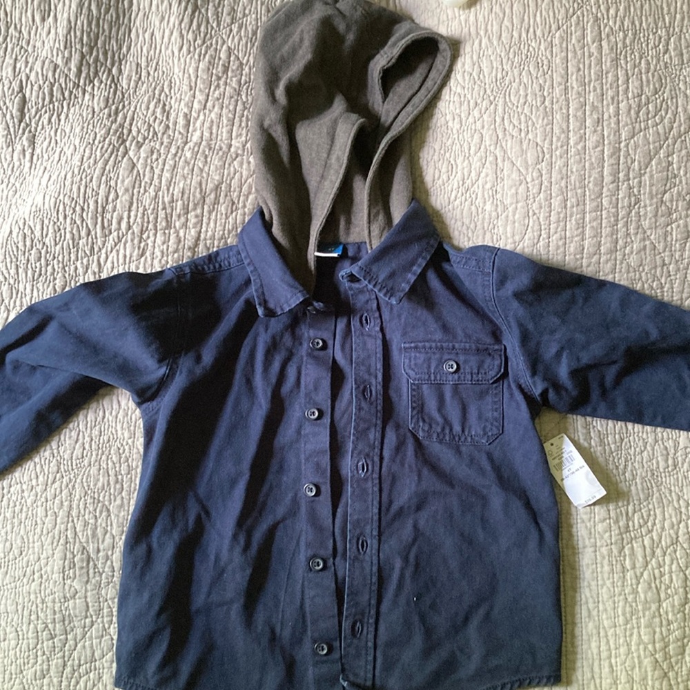 Navy Blue Button-Up Shirt with Gray Hood